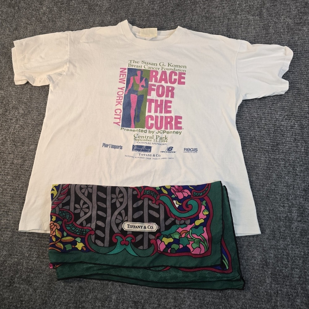 1994‎ Susan G. Komen Race For The Cure NYC T-Shirt L + Tiffany & Co Silk Scarf
